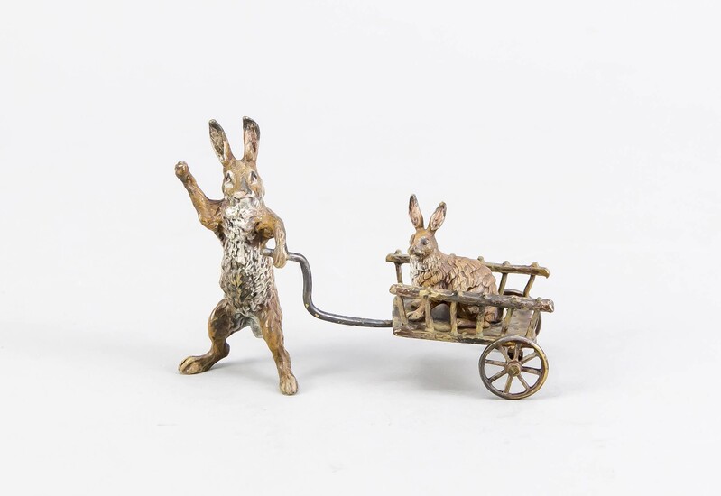 Viennese bronze 1st half of the 20th century, Rabbit pulling a cart, polychrome cold painted bronze, above, on the underside gest. ''Z / H'', 8 x 3,5 x 6 cm