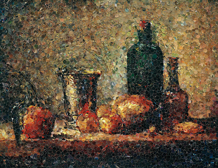 Vik Muniz, Seville Orange, Silver Goblet, Apples, Pear, and Two Bottles, After Chardin from Pictures of Magazines