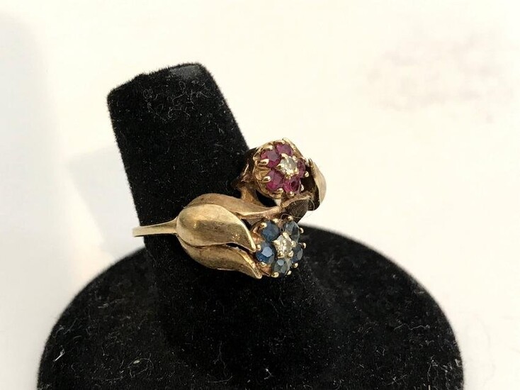 Vintage 14K diamond ruby sapphire flower ring size 7