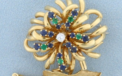 Vintage Dan Frere Designer Emerald, Sapphire, and Diamond Feather and Flower Design Pin Brooch in