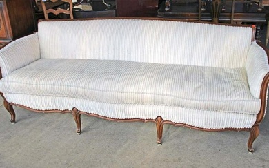 Vintage French style upholstered sofa on walnut and pecan frame