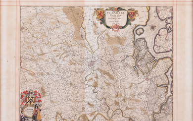 (Vlaanderen) Een midden 17de-eeuwse gegraveerde en deels ingekleurde kaart van Vlaanderen door Willem Blaeu. In kader.