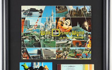 "Walt Disney World" Custom Framed Vintage Pictorial Souvenir Book, Vintage Ticket Book & Vintage Souvenir Postcard