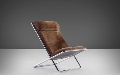 Ward Bennett Scissor Lounge Chair in Original Brown Upholstery on a Striking Chrome Frame c. 1960s