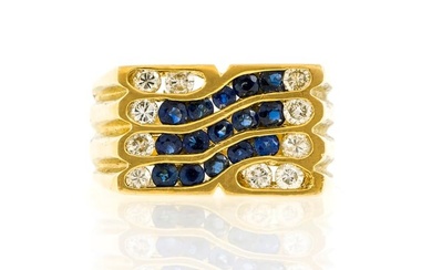 Wave Design Sapphire and Diamonds Gold Men's Ring