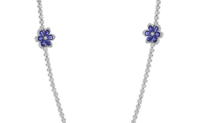 White Gold 30.50 Carat Long Sapphire Diamond Flower Necklace