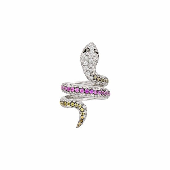 White Gold, Diamond, Brown Diamond and Yellow and Pink Sapphire Snake Ring