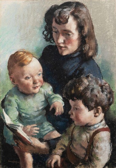 William Dring RA, British 1904-1990 - Portrait of a mother and her children, 1942; pastel on paper, signed and dated 'William Dring 42', bears inscribed label to the reverse of the frame, 49.3 x 34.2 cm (ARR)