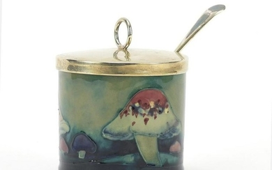 William Moorcroft pottery jam pot with cover and spoon