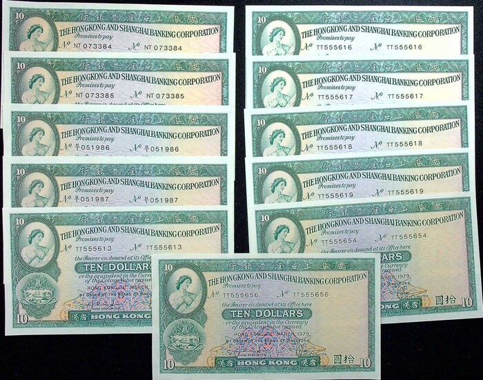 (t) HONG KONG. Lot of (11). Hong Kong & Shanghai Banking Corporation. 10 Dollars, 1977. P-182. Very Fine to About Uncirculated.