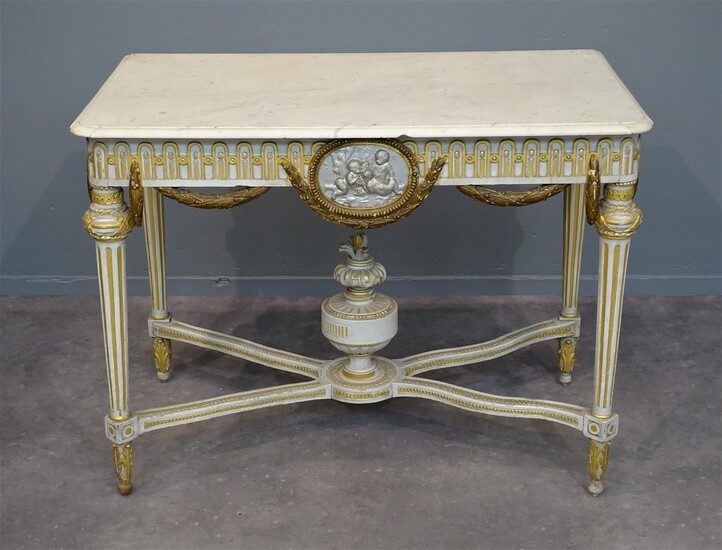 (-), witbeschilderde Louis XVI consoletafel met marmeren bovenblad,...