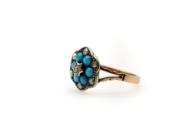 12K Gold and Sterling Silver Diamond Turquoise and Pearl Ring, Early Victorian