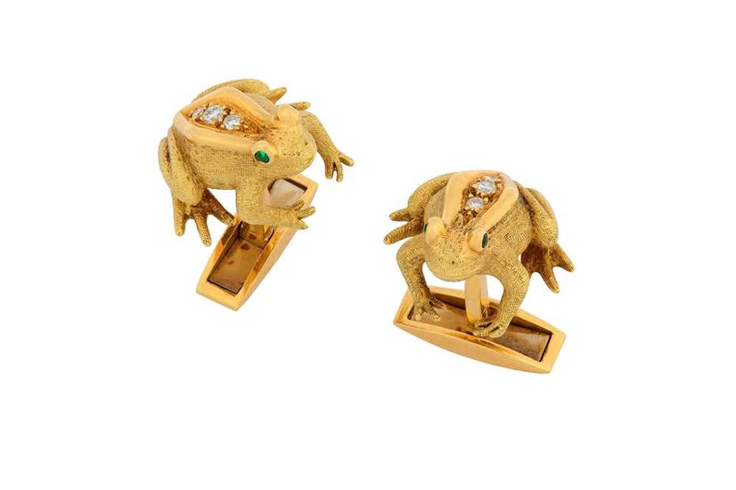 A pair of emerald and diamond frog cufflinks, by...