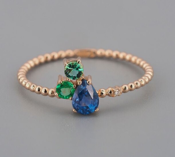 14 kt. Yellow gold - Ring Sapphire - Diamonds, Emeralds