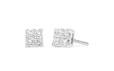 14K White Gold 1/2 Cttw Invisible-Set Princess Diamond Quad Cluster Stud Earrings (H-I Color