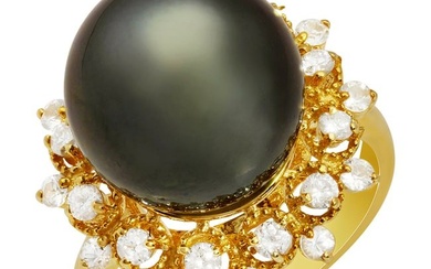 14k Yellow Gold 13mm Pearl 0.41ct Sapphire 0.40ct Diamond Ring