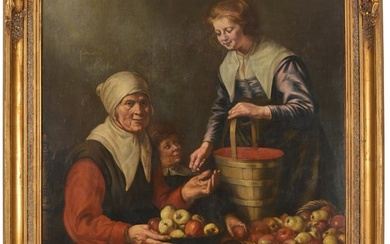 17th/18th century large old master painting depicting a fruit seller with baskets of apples and