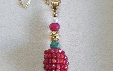18 kt. Yellow gold - Necklace with pendant Emerald Ruby - Pearls