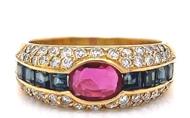 18K Yellow Gold Ruby Sapphire and Diamond Ring