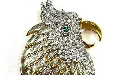 18KTGP Perky Parrot Brooch With Inset Austrian Crystals & Brilliant Green Emerald Eye