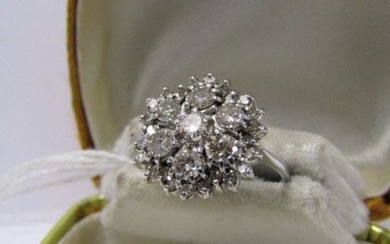 18ct WHITE GOLD DIAMOND FLORAL CLUSTER RING, 7 principal...