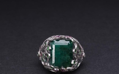 18k White Gold Emerald & Multistone Cocktail Ring by Victor Loo