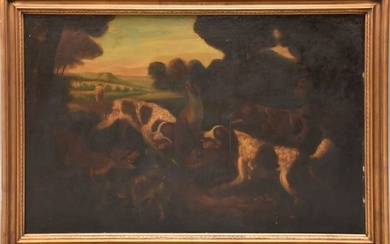 18th/19th Century Dogs, oil on relined canvas, painting 26 x 41 inches. overall framed 29 x 45