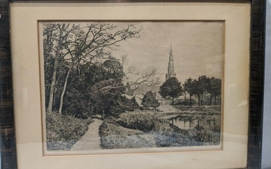 1917 Adolph Carten Antique Small Town & Field Etching