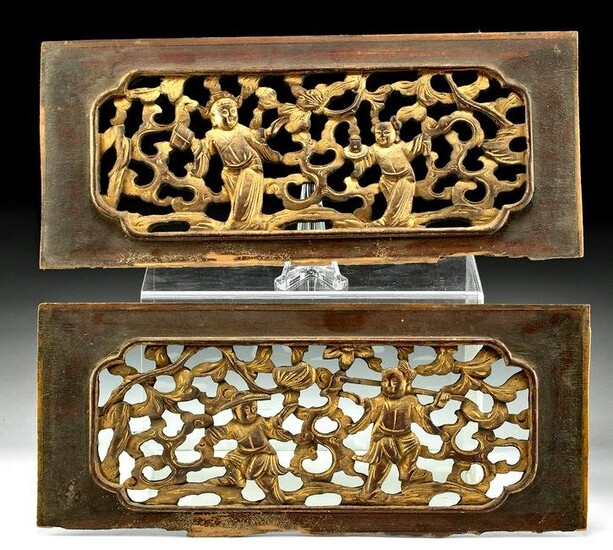 19th C. Chinese Qing Gilt Wood Figural Panels (pr)