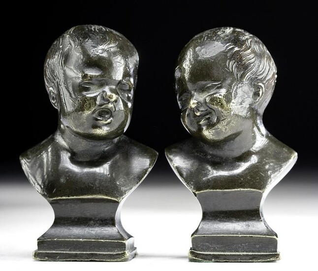 19th C. French Brass Busts of Children (after Houdon)