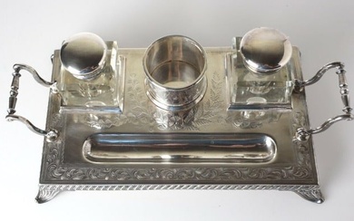 19th Century English Footed Silverplate Desk Set Inkstand Dual Inkwells pen tray