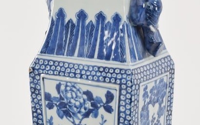 19th century Chinese blue and white square porcelain vase with elephant handles. Marked on base.