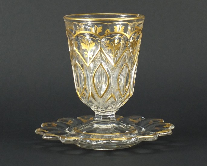 19th century Ottoman Beykoz glass goblet on stand, gilded wi...