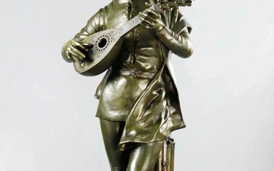19th century large brown patina bronze sculpture of Florentine singer, signed P. Dubois
