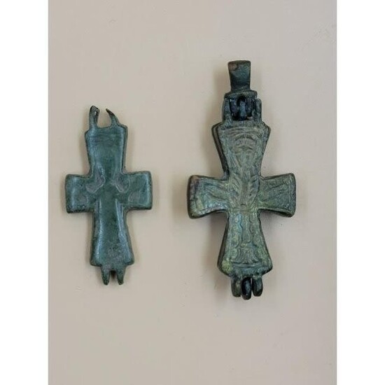 Two Ancient Bronze Byzantine Reliquary Crosses.6-8th C
