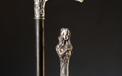2 Art Nouveau walking sticks, German, handles 800 silver, marked,...