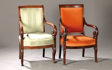 2 Biedermeier armchairs, France, around 1830/40, solid mahogany, elegant armrests...
