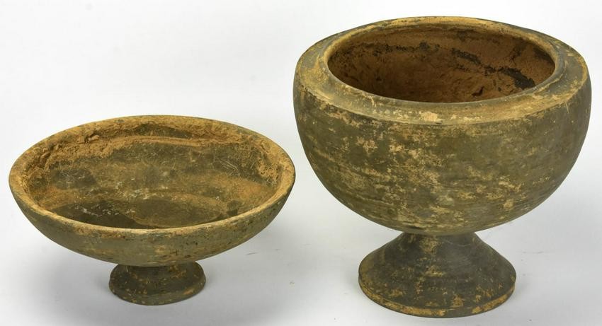 2 Chinese Archaic Stoneware Pottery Footed Vessels