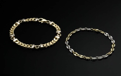 2 Various yellow and white gold 585 bracelets: 1 flat armour bracelet (20,2g, l. 18,5cm) and 1 ship anchor bracelet (6,8g, l. 19cm)