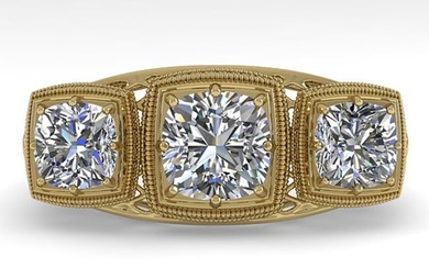 2 ctw VS/SI Cushion Cut Diamond Ring Art Deco 14k Yellow Gold
