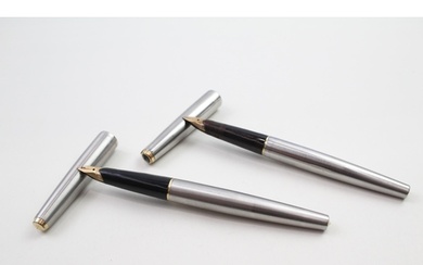 2 x Vintage PARKER 65 Brushed Steel Cased Fountain Pens w 14...