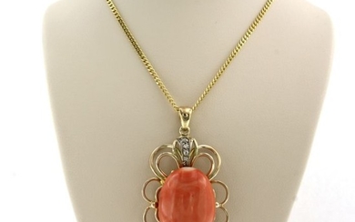 14 kt. Yellow gold - Necklace with pendant Coral - Diamond