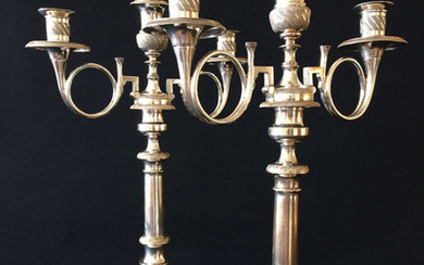 Large format pair of three-light candlesticks - Empire Style - Bronze (silvered) - Late 19th century