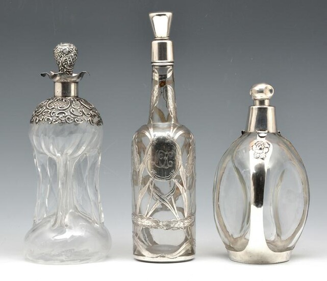 3 Sterling Silver Overlay Crystal Decanters.