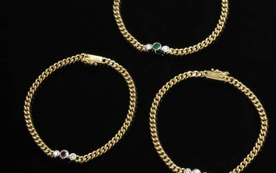 4 yellow gold 750 round bracelets with emerald, ruby, sapphire (each 0.15ct) and 9 brilliants (together approx. 0.67ct/SI-P1/W-TCR set in white gold), 37.4g, 16.6cm