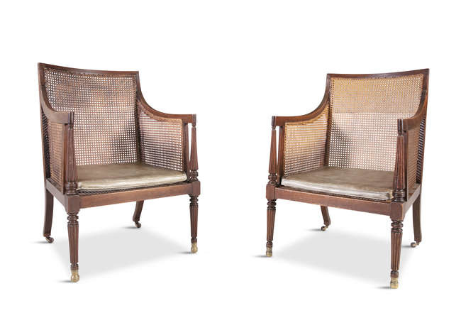 A PAIR OF GEORGE III MAHOGANY AND CANEWORK...