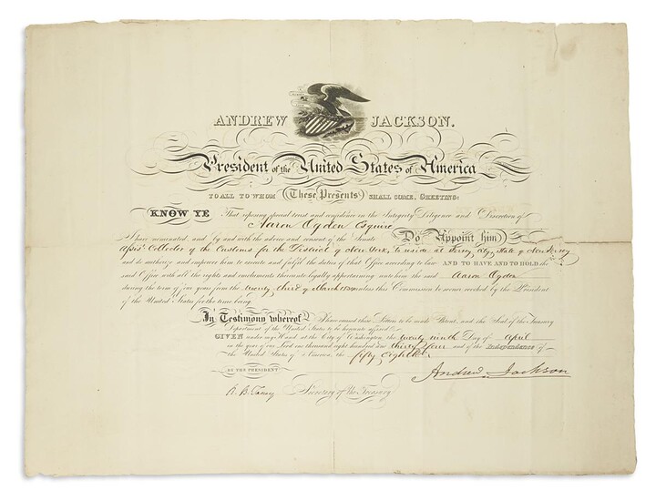 JACKSON, ANDREW. Partly-printed Document Signed, as President, appointing Aaron Ogden Collector of the...