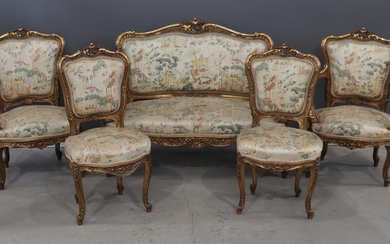 (-), 5-delig verguld Louis XV-stijl salongarnituur, bestaande uit:...