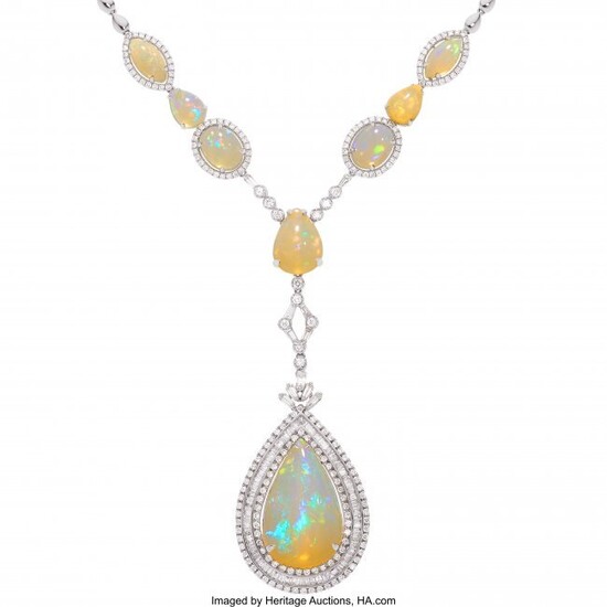 55087: Opal, Diamond, White Gold Necklace Stones: Opal