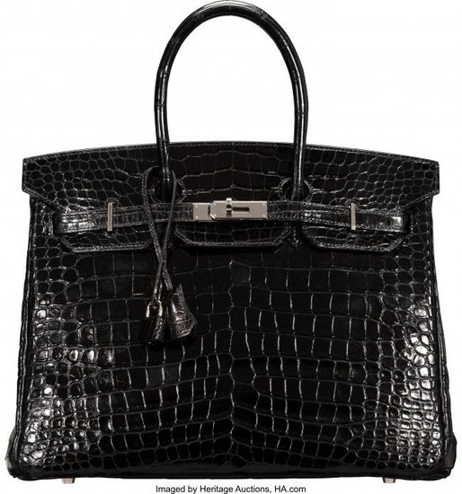 58187: Hermès 35cm Shiny Black Porosus Crocodile